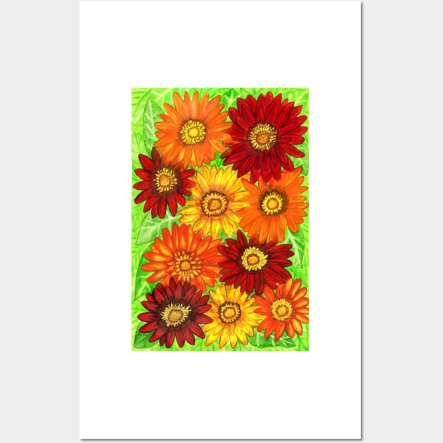 Background og gerbera flowers in red and yellow colours Wall Art by IrinaAfonskaya